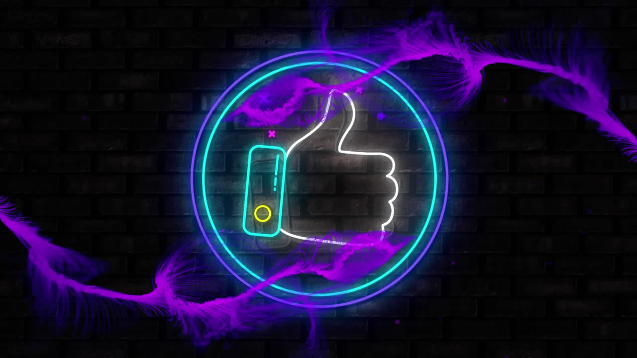 Animazione digitale di onde digitali viola su icona "Mi piace" al neon su banner rotondo su sfondo di muro di mattoni