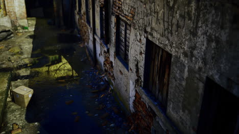abandoned alleyway illuminated by soft streetlight in the quiet night