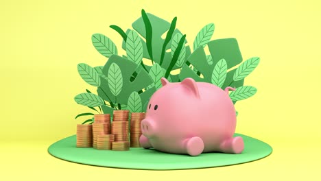 piggy pig runs into an island with plants. the concept of money saving, financing, financial planning, investment