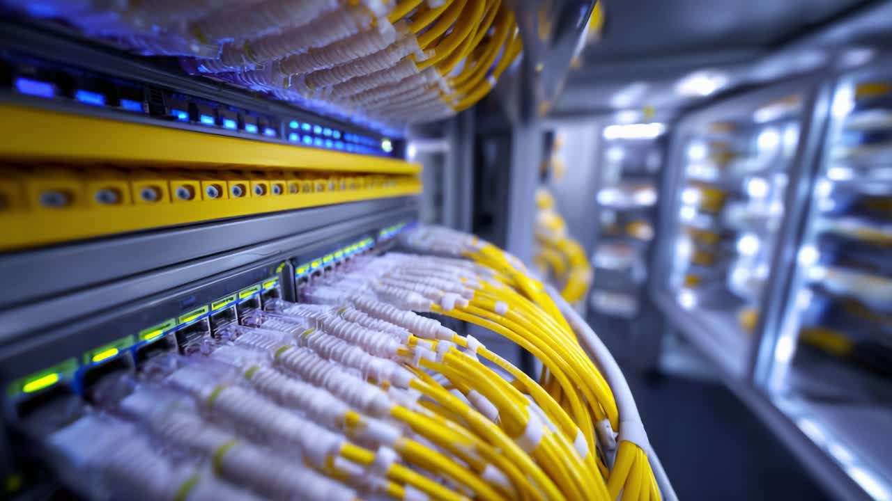 Close-Up View of Network Infrastructure with Yellow Fiber Optic Cables Highlighting Data Connectivity in a Modern Server Room Environment