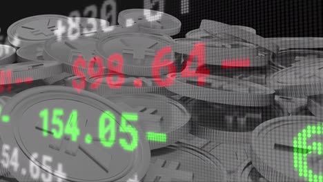 animación del procesamiento de datos financieros sobre monedas de plata de yenes japoneses