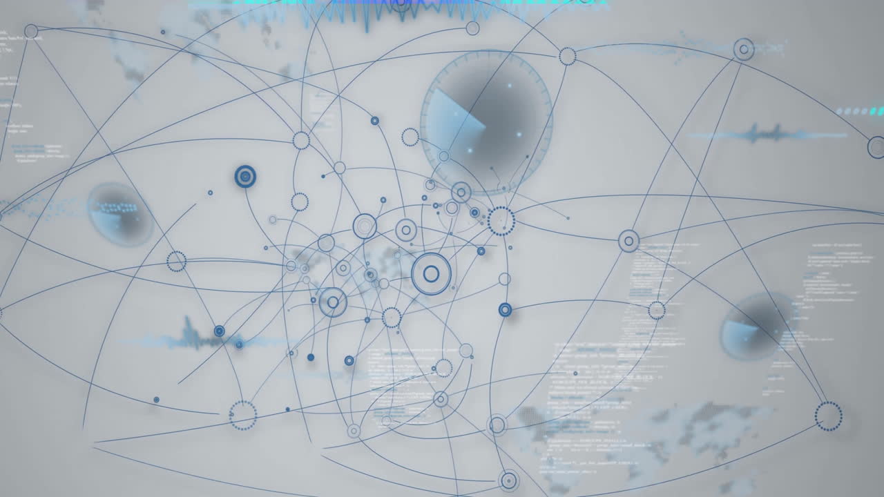 Animation of network with interconnected nodes and lines processing data elements