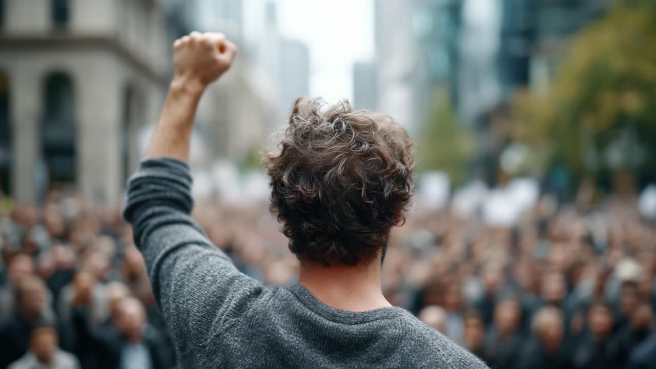 A Powerful Display of Unity: An Activist Leading a Crowd in Protest Demonstration for Change and Justice, Capturing the Spirit of Collective Voices Demanding Action