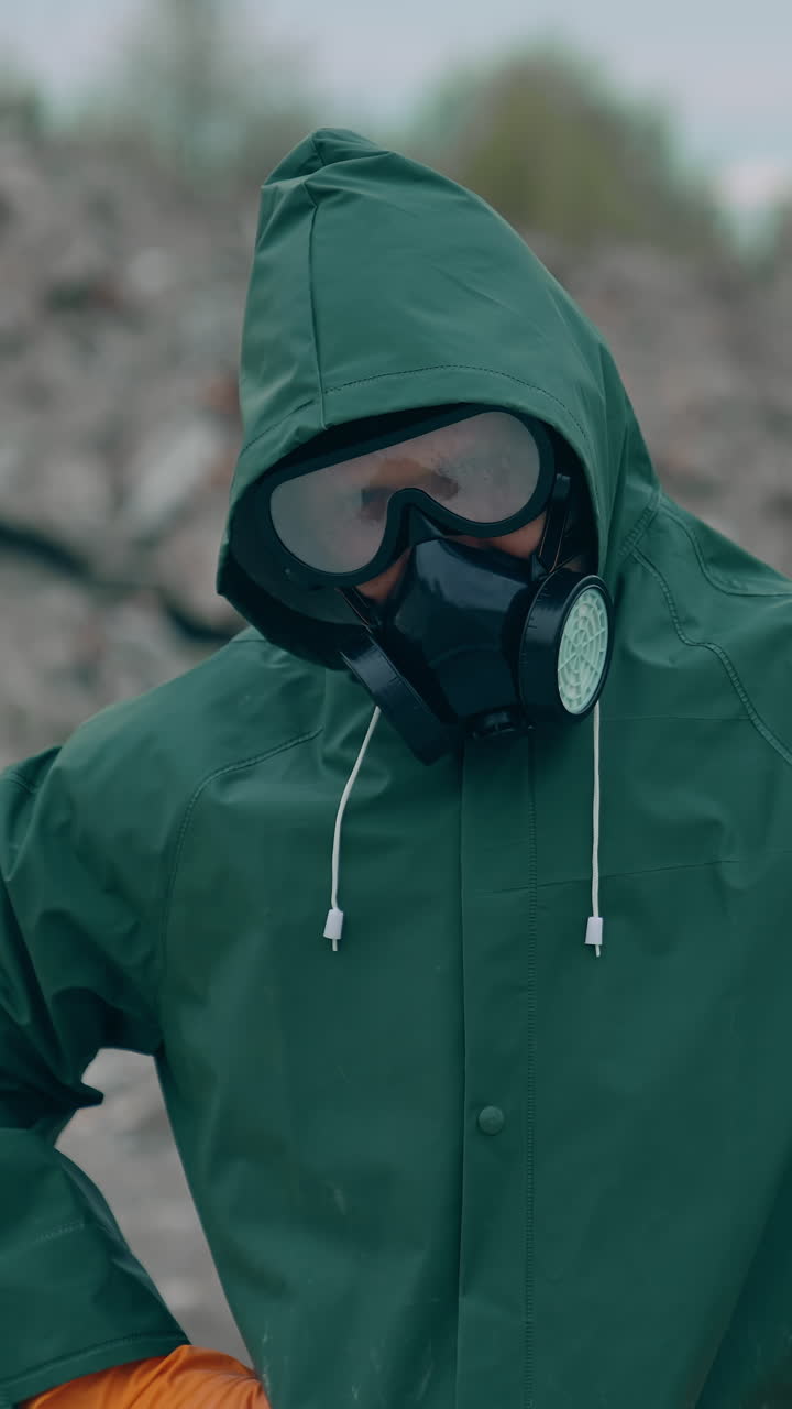 Survivor in post-apocalyptic zone. Man in green safety suit and gas mask and safety gloves standing in ruined place and pointing his finger on camera. Vertical video