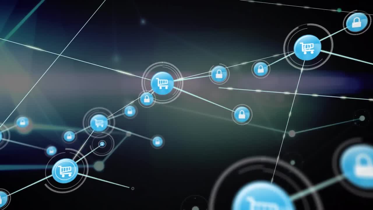 animación de iconos y puntos interconectados con líneas que se mueven en un fondo abstracto.