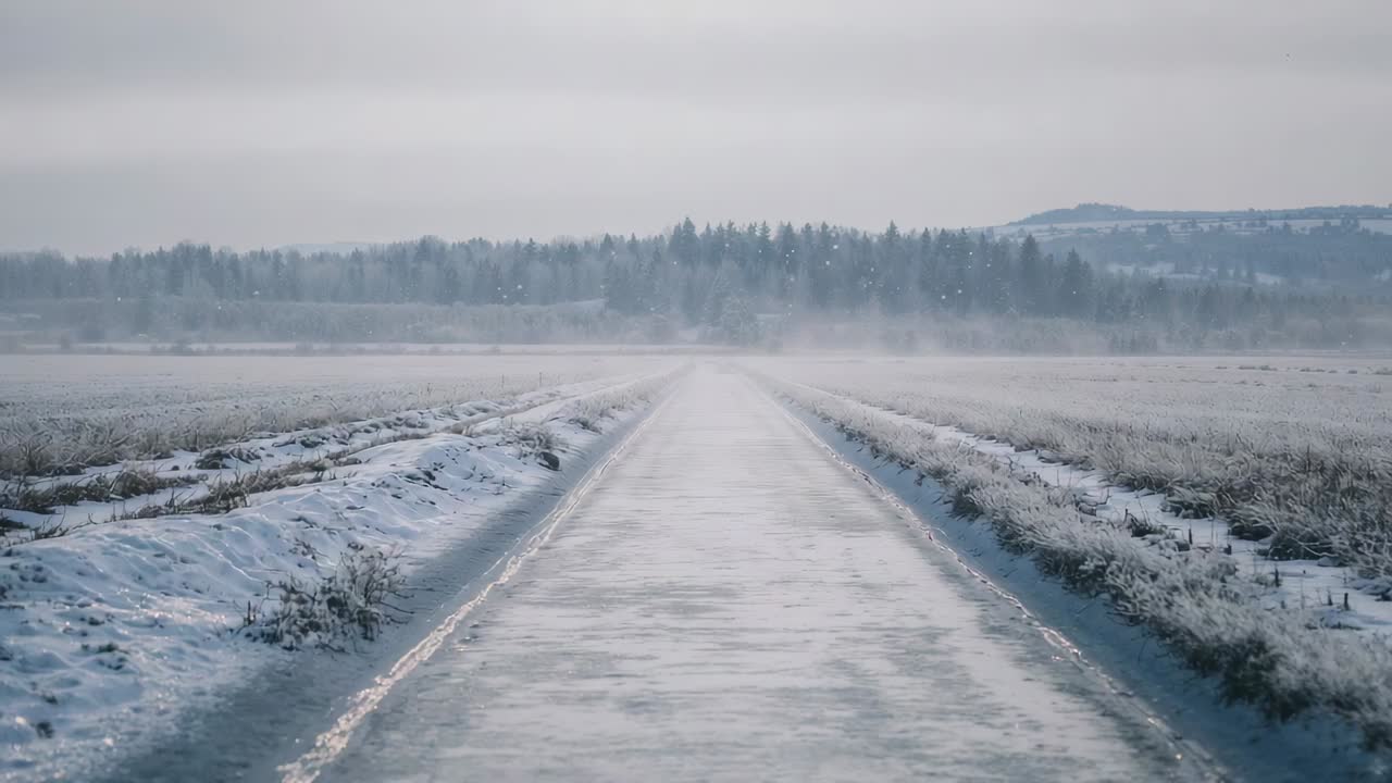 Starting camera moving forward along rural snow-covered road to reach tree line, with drifting mist