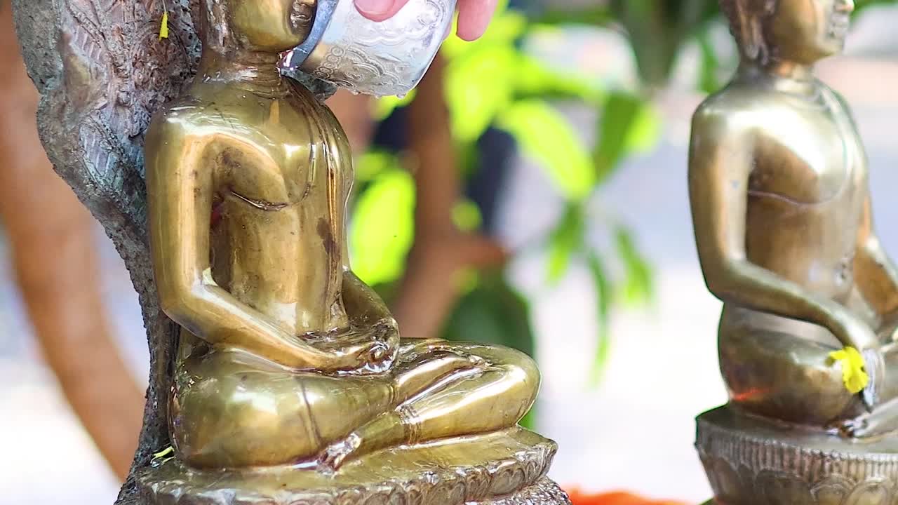A hand carefully polishes a golden Buddha statue with a cloth, set against a backdrop of green foliage.
