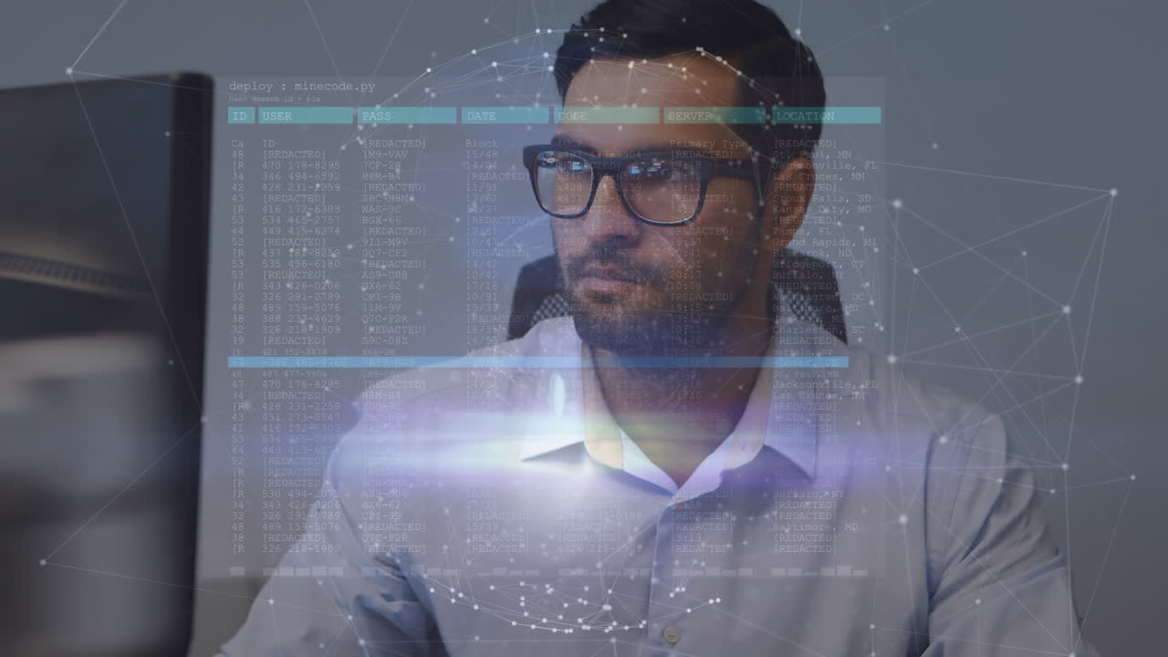 animación del procesamiento de datos sobre el empresario caucásico en la oficina