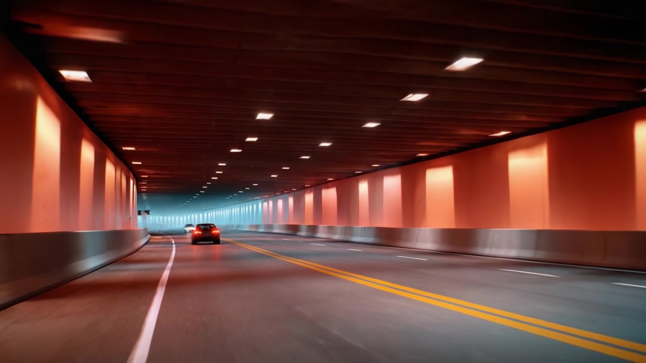 Un viaggio accattivante attraverso un tunnel moderno, che mette in mostra il design elegante e l'illuminazione vivace che creano un'atmosfera unica per guidatori e viaggiatori.