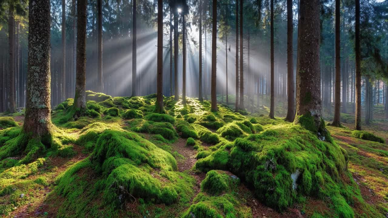 A Serene Enchantment: Discovering the Majestic Beauty of Sunlight Filtering Through a Lush Forest Canopy Illuminating the Vibrant Green Moss-Covered Ground
