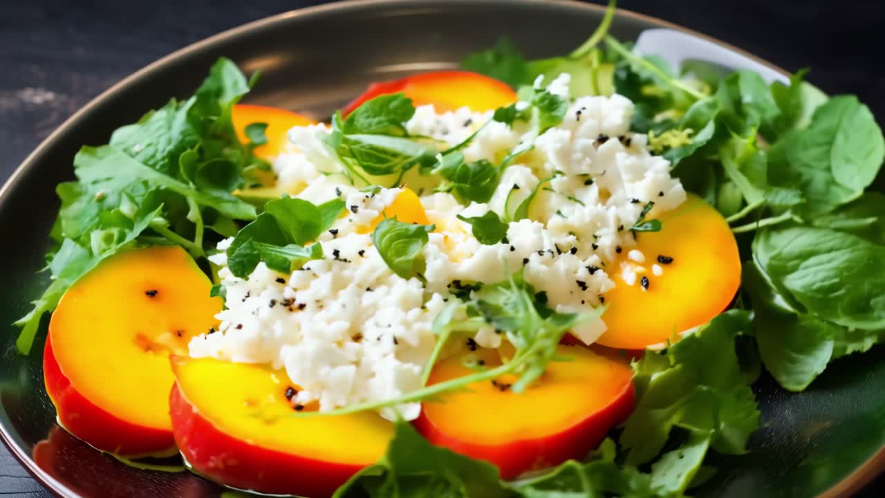 Sliced peaches arranged on a bed of fresh lettuce topped with cottage cheese, black sesame seeds, and parsley creating a vibrant and healthy culinary presentation