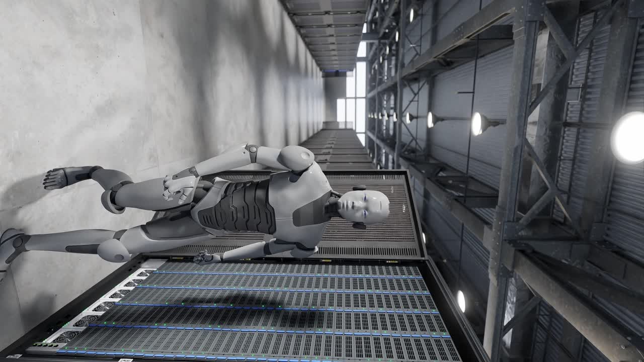 cyborg humanoide en el servidor internet sala de alta tecnología inteligencia artificial tomando el control en 3d renderización animación ciberseguridad prototipo de espía de guerra vertical