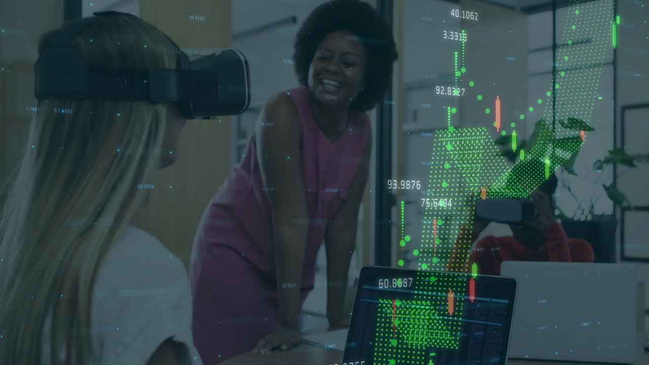 People using virtual reality headsets with financial data animation overlay