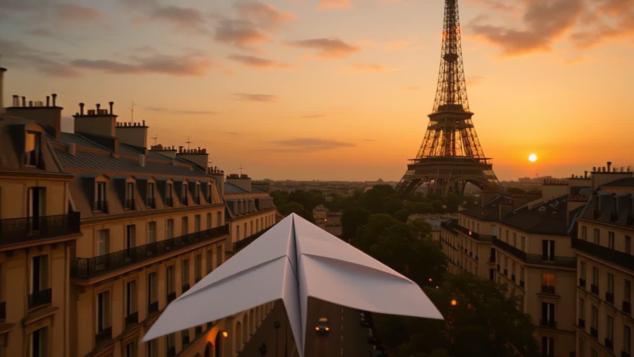 Filmisk rejseoptagelse af et hvidt papirfly, der svæver over klassiske hustage i Paris mod Eiffeltårnet ved den gyldne time, med varm himmel og byens lys.