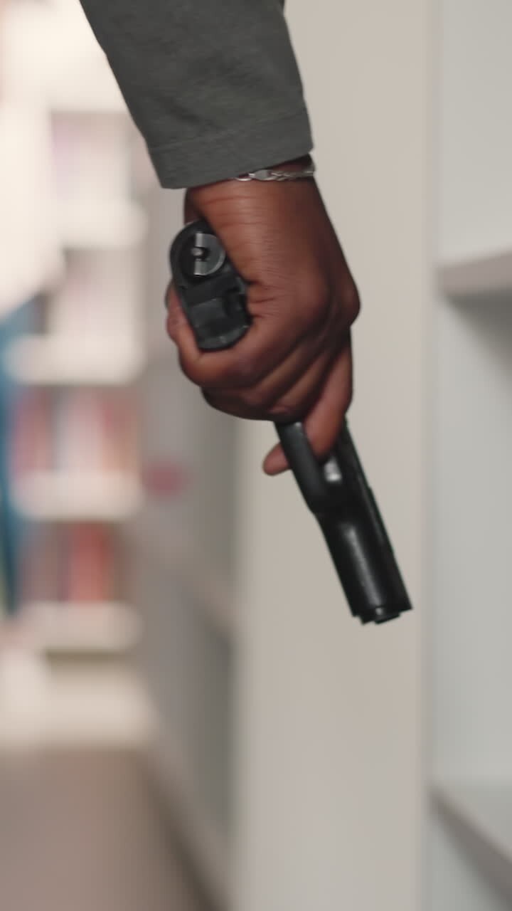 Man with gun prepares attack on public library closeup. African American guy holds handgun walking across literature storage. Criminal actions