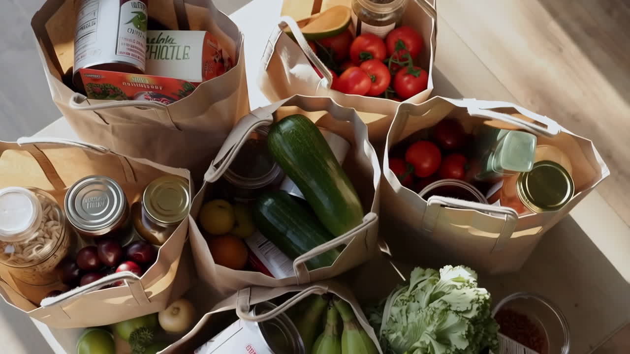 Grocery Bags Filled with Fresh Produce and Pantry Staples