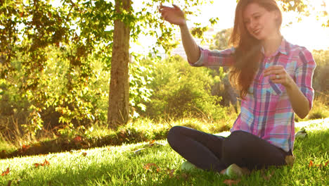 young woman throws toy for white fluffy dog to fetch