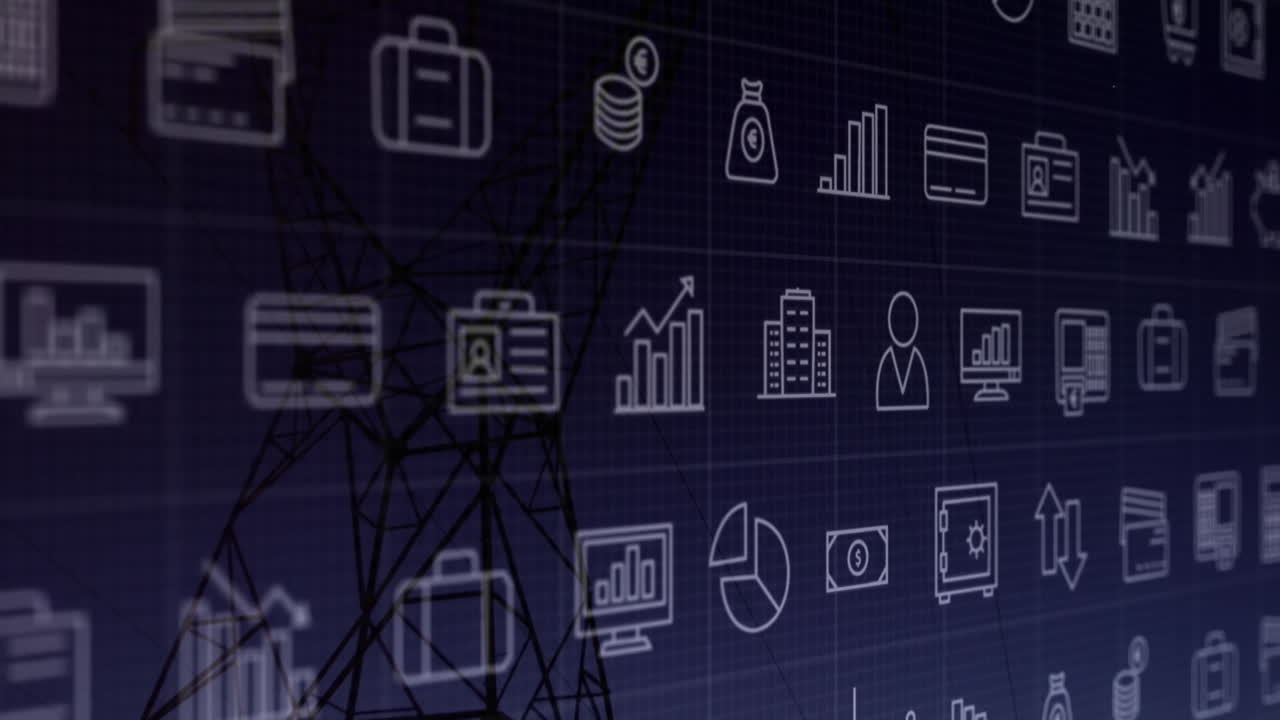 Flat design white line business and financial icons being displayed on dark blue grid interface