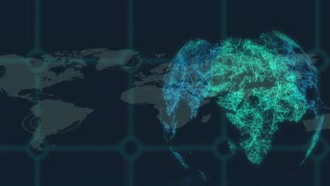 Animación-De-La-Red-De-Cuadrícula-Sobre-El-Globo-Giratorio-Y-El-Mapa-Mundial-Sobre-Fondo-Azul