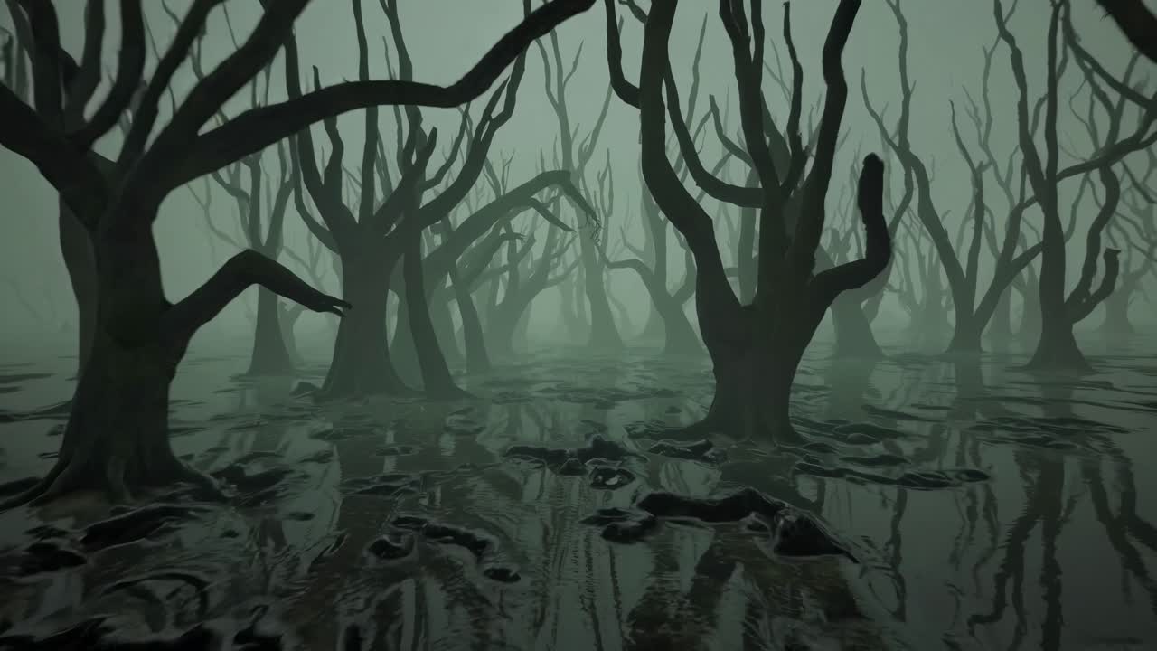 Eerie swamp scene with twisted trees in fog, captured from a low-angle, creating a haunting