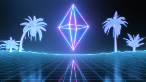 retro futuristic 80s neon glow light wireframe above synthwave grid - 4k seamless loop motion background animation