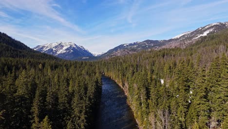 Scenic-forward-shot-of-river-and-evergreen-forest-with-mountains-in-the-background-in-Cle-Elum-on-a-clear-day-in-Washington-State