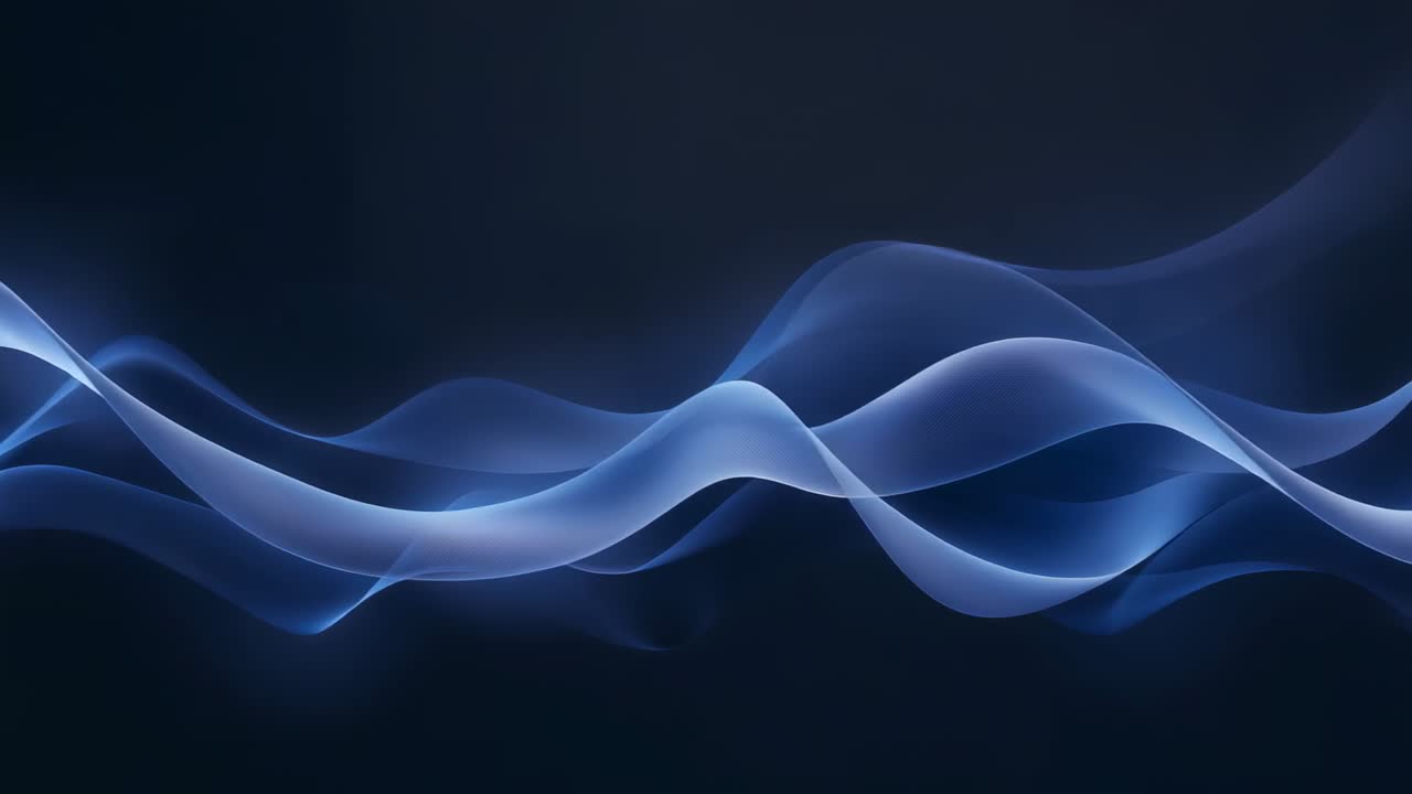 Sound input starting stylized audio waveform flowing across dark backdrop, glowing blue ribbons