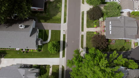 overhead a suburban street with a tilt up to reveal the neighborhood on a pretty summer day