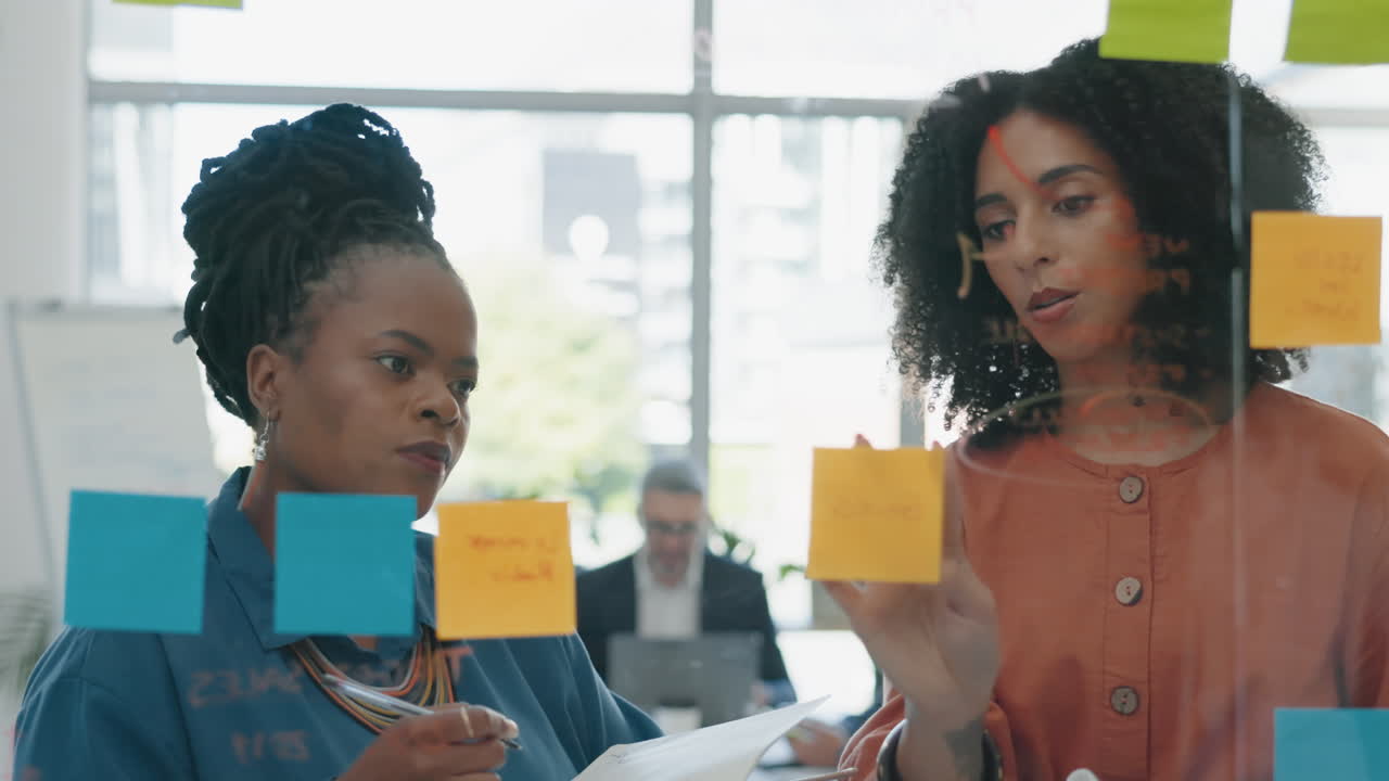 Planning, writing and business women on glass