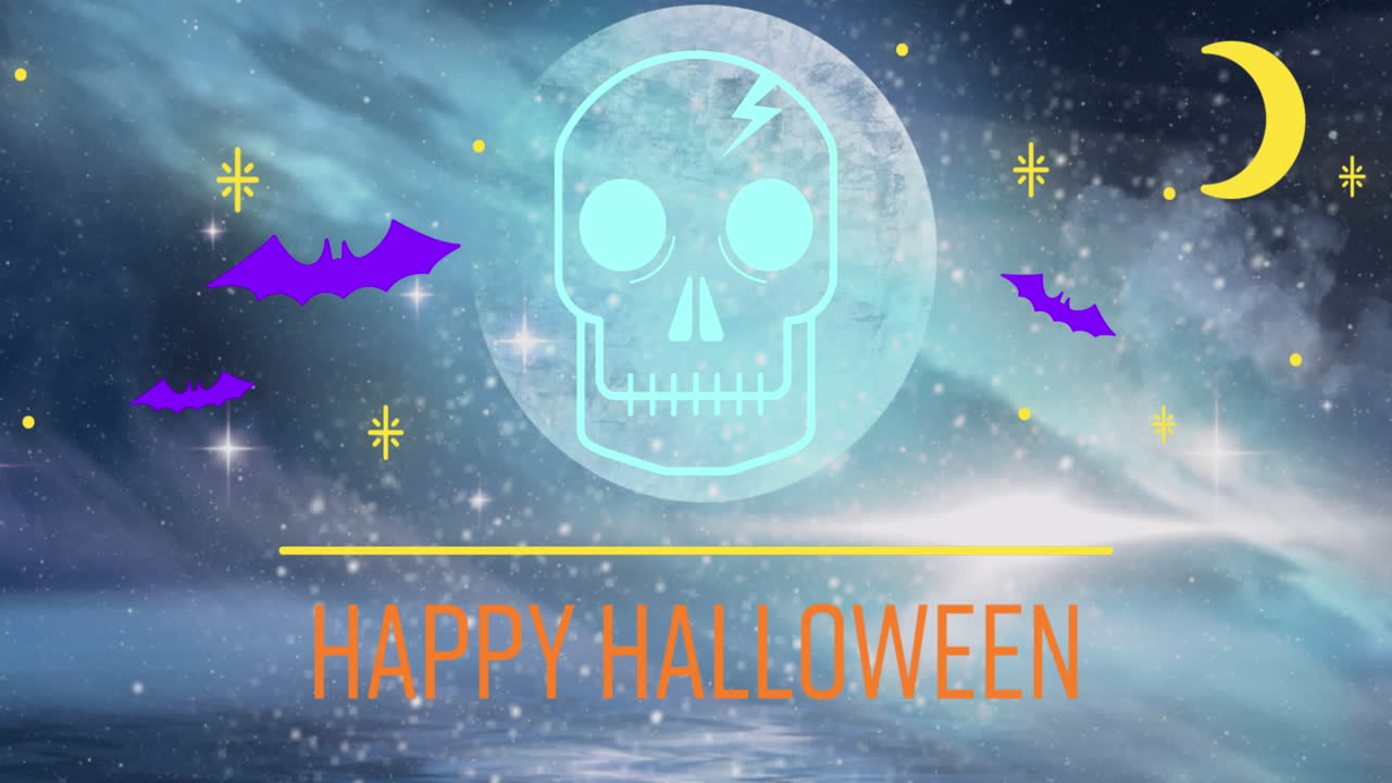 animación de saludos de halloween, cráneo y murciélagos en el cielo nocturno con luna llena