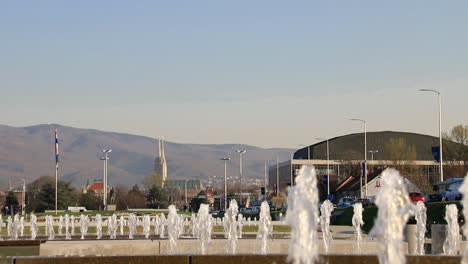 fountains and cityscape in zagreb capital of croatia in slow motion