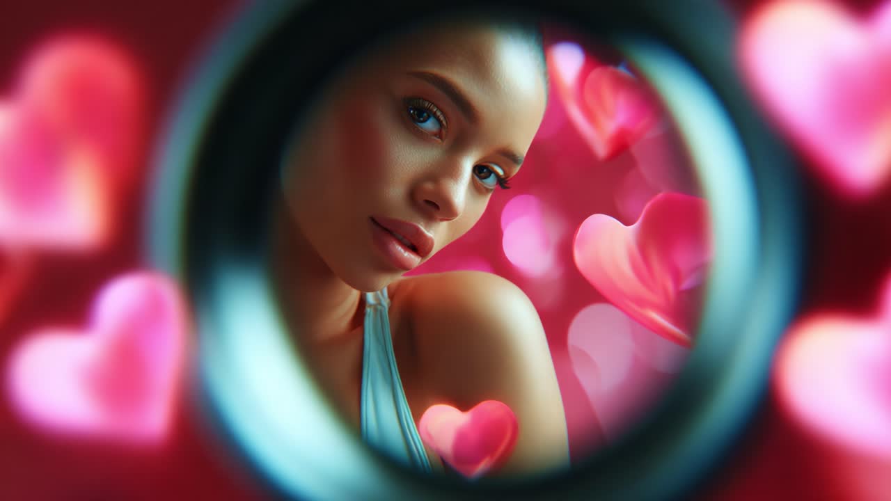 Captivating Portrait Through Lens with Heart Motifs Surrounding a Beautiful Model, Emphasizing Emotion and Connection with a Romantic Atmosphere in the Background