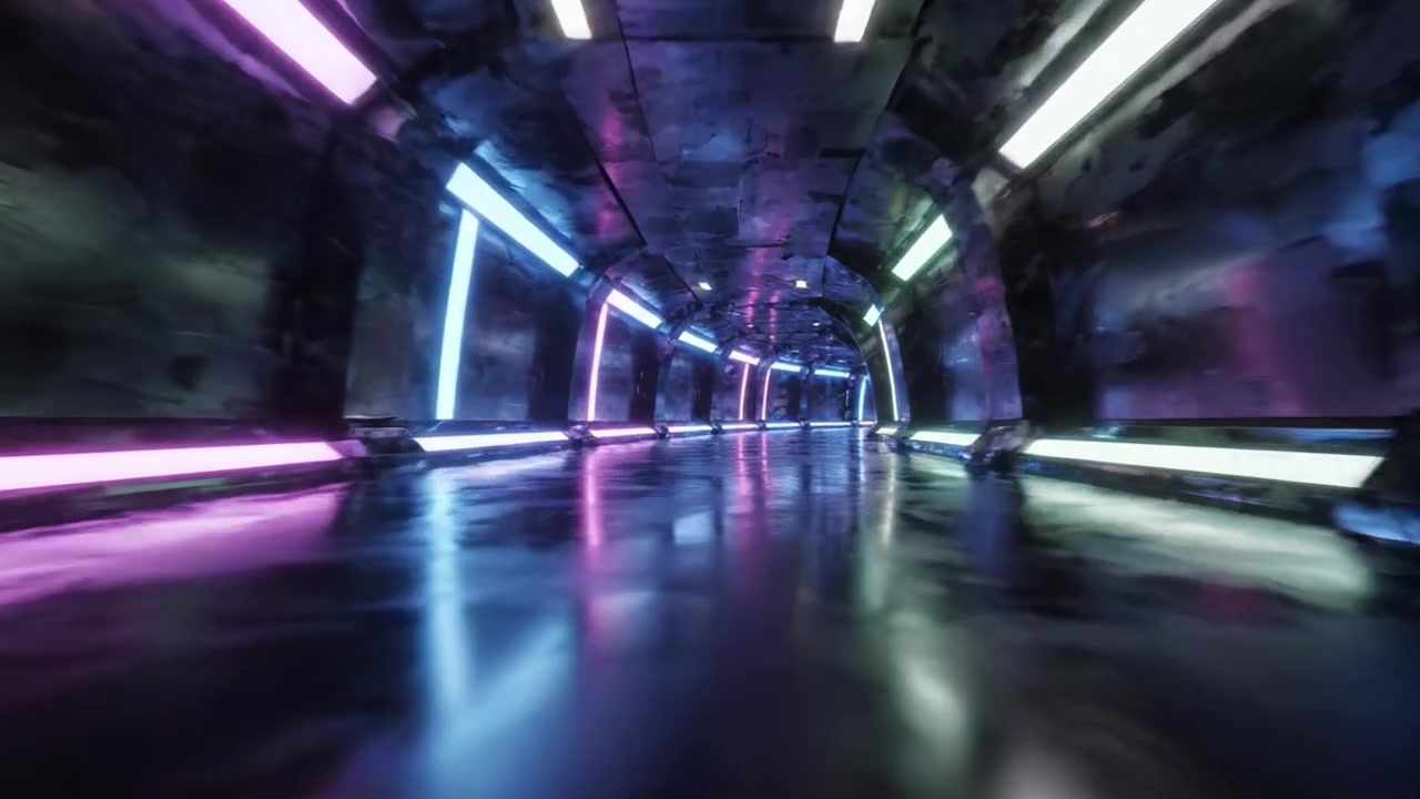 Corridoio futuristico luminoso con vivaci luci al neon che si riflettono su superfici lucide, creando un passaggio immersivo e visivamente sorprendente di colori e texture