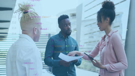 in office, diverse professionals discussing documents with animation coding overlay