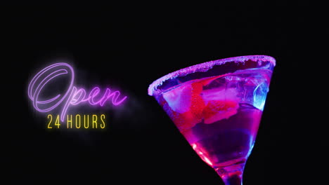 animation of open 24 hours neon text and cocktail on black background