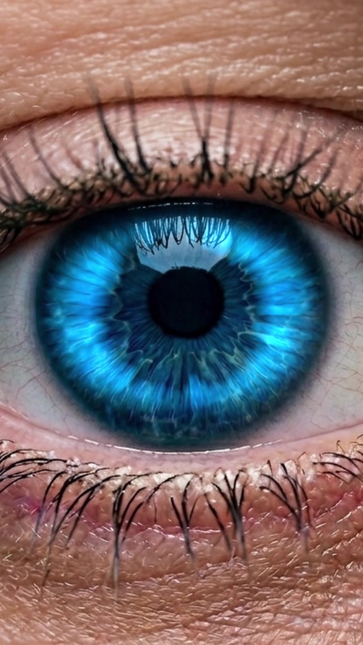 Primer plano vertical de ojo azul con superposición de energía azul brillante resplandeciente, bucle sin fin.