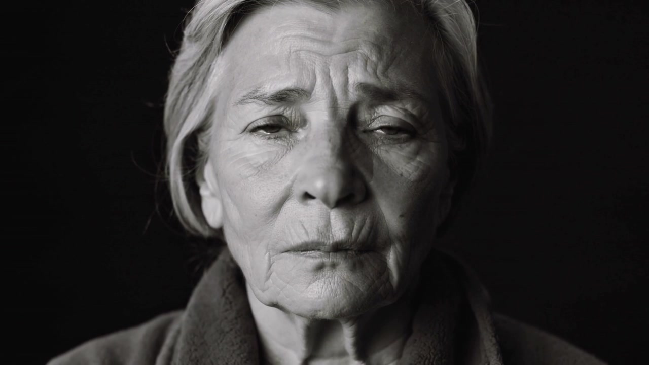 Ritratto in studio di una donna anziana che esprime un'emozione crescente e versa una lacrima, indossando una veste scura.