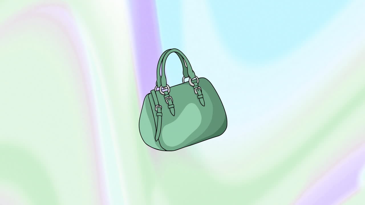 animación de un bolso de mano verde sobre un fondo de colores