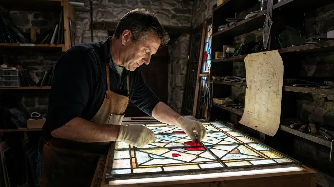 Řemeslník s vitrážemi restauruje okno