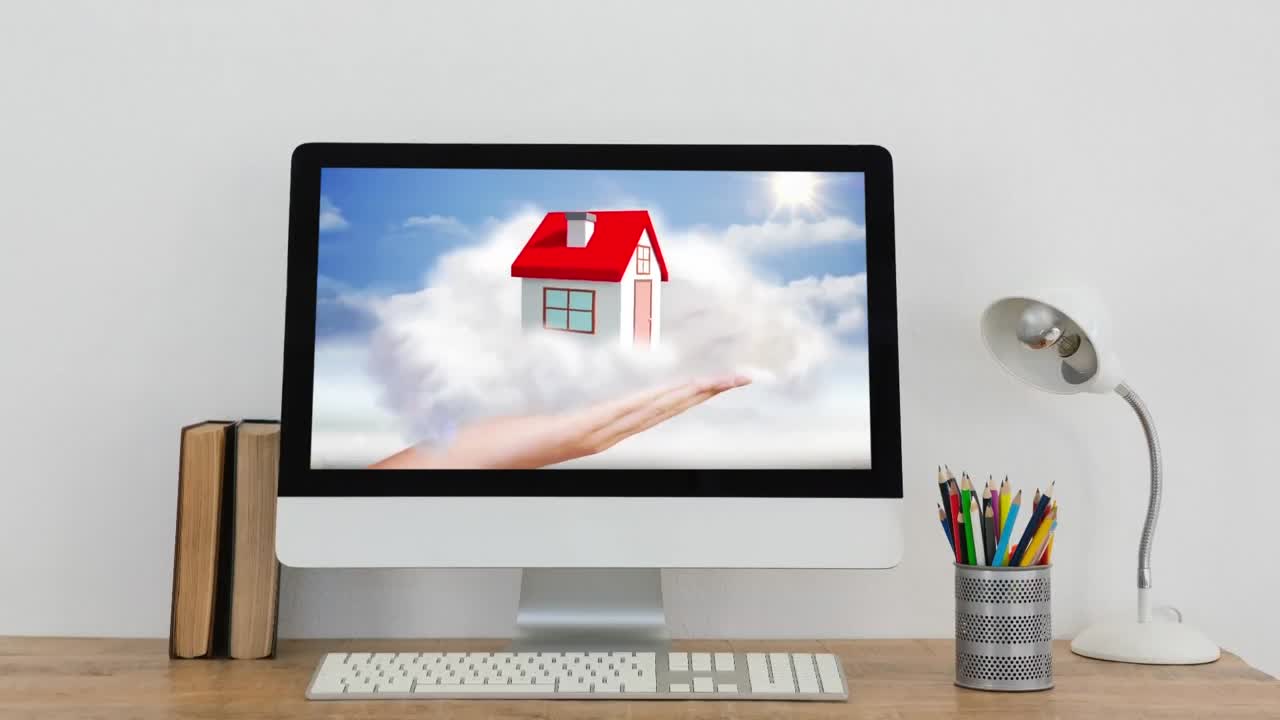 animación de la casa en las nubes en la pantalla de la computadora.