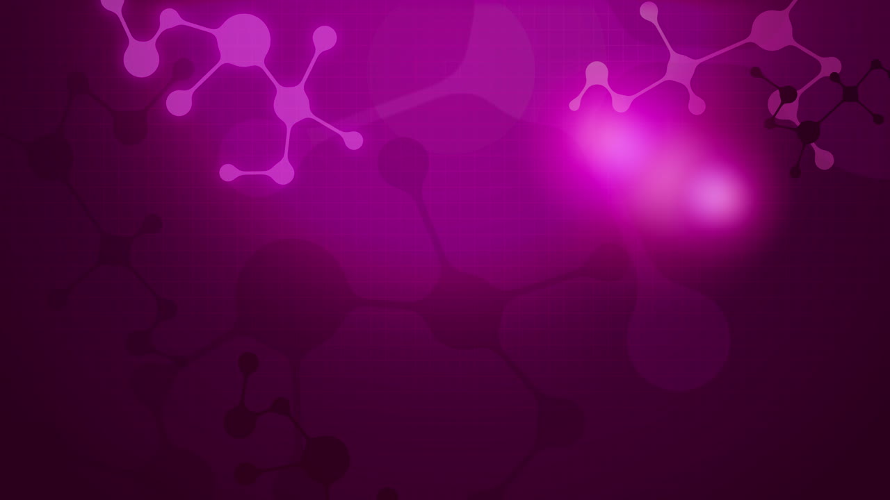 Abstract pink background with animated cartoon atom shapes. Looped scientific background. Copy space.