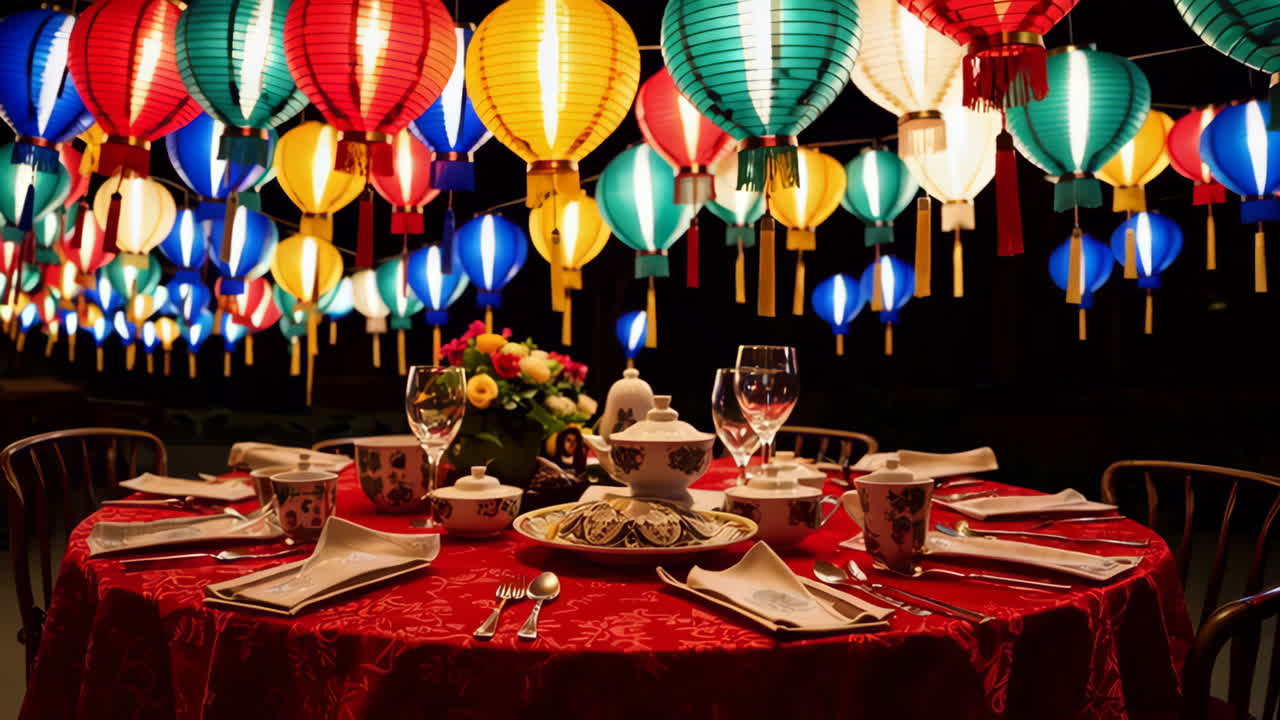 Colorful Hanging Lanterns at Night