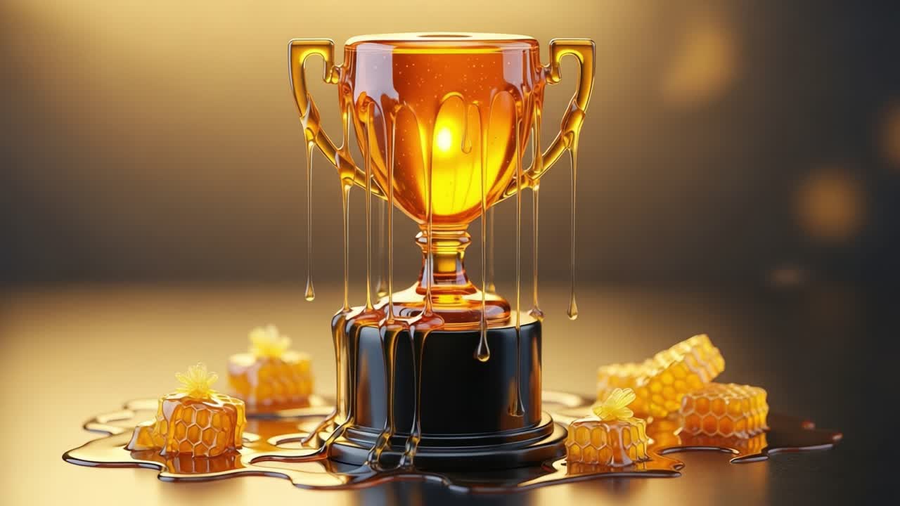 Golden Trophy Glimmering with Honey: A Captivating Display of Sweetness and Achievement Reflecting Success and Celebration in a Gleaming Presentation