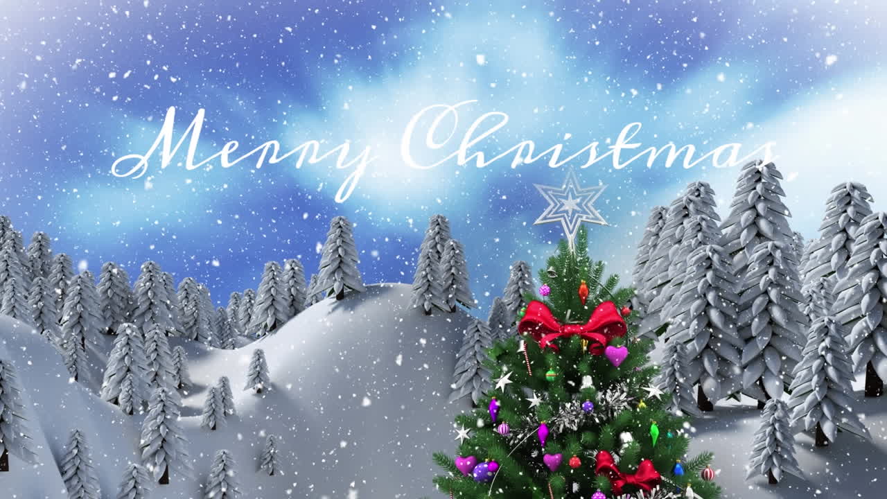 메리 크리스마스 텍스트와 크리스마스 나무와 눈 인 산 위에 눈이 내리는 애니메이션.