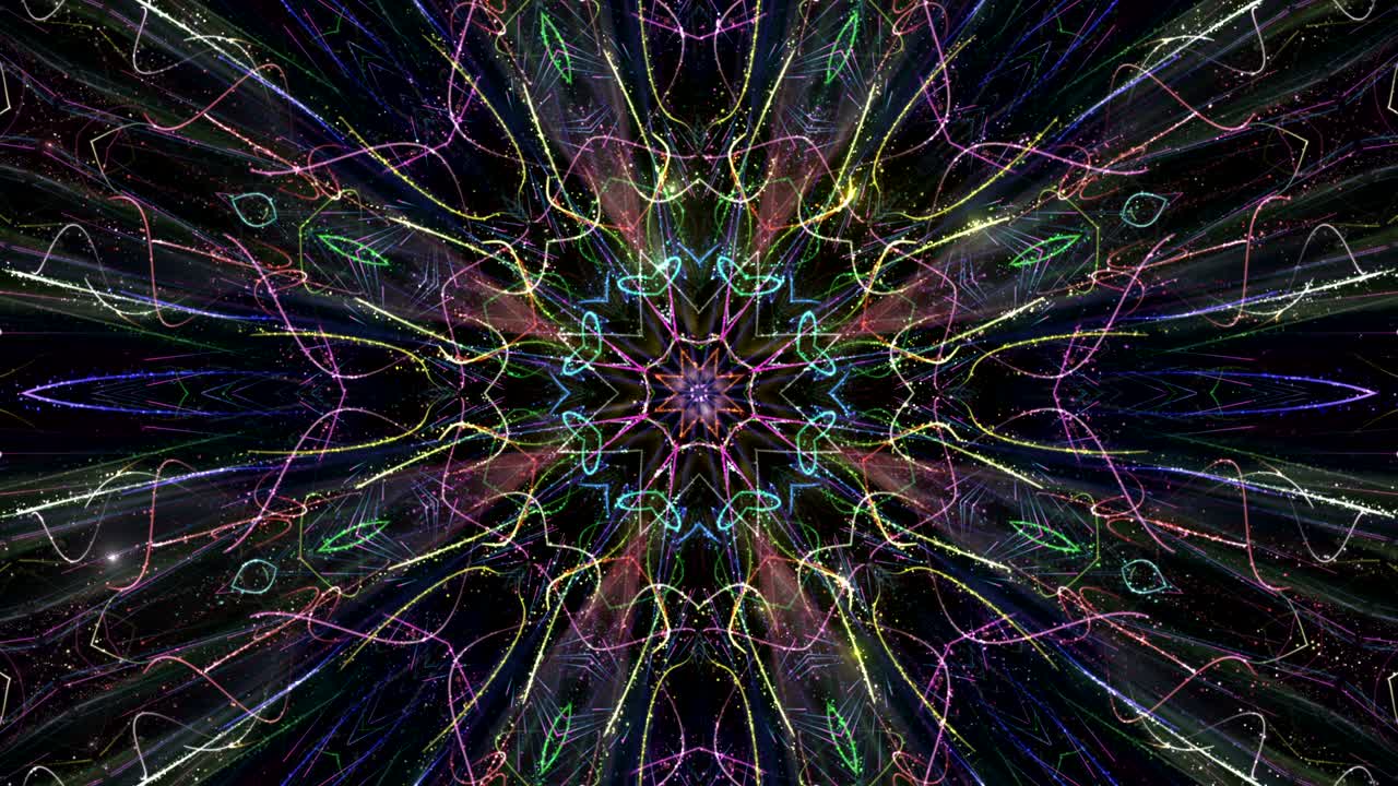 un patrón caleidoscópico brillante y expresivo sobre un fondo oscuro.