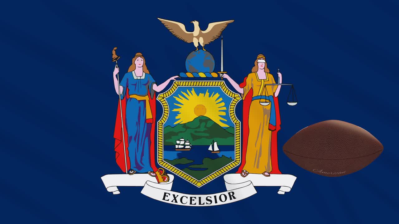 la bandera de nueva york agitando y la pelota de fútbol americano girando, bucle