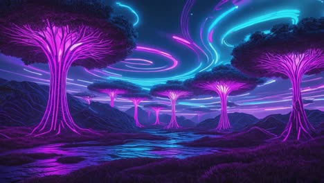 vibrant neon fantasy landscape with glowing trees