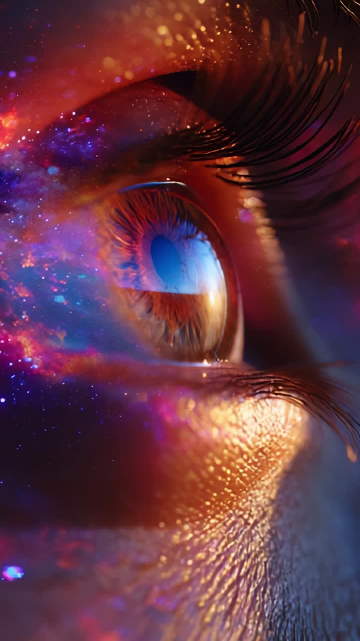 A Stunning Close-Up of an Eye Reflecting a Vibrant Cosmic Scene, Merging Human Emotion with the Beauty of the Universe in Colorful Detail