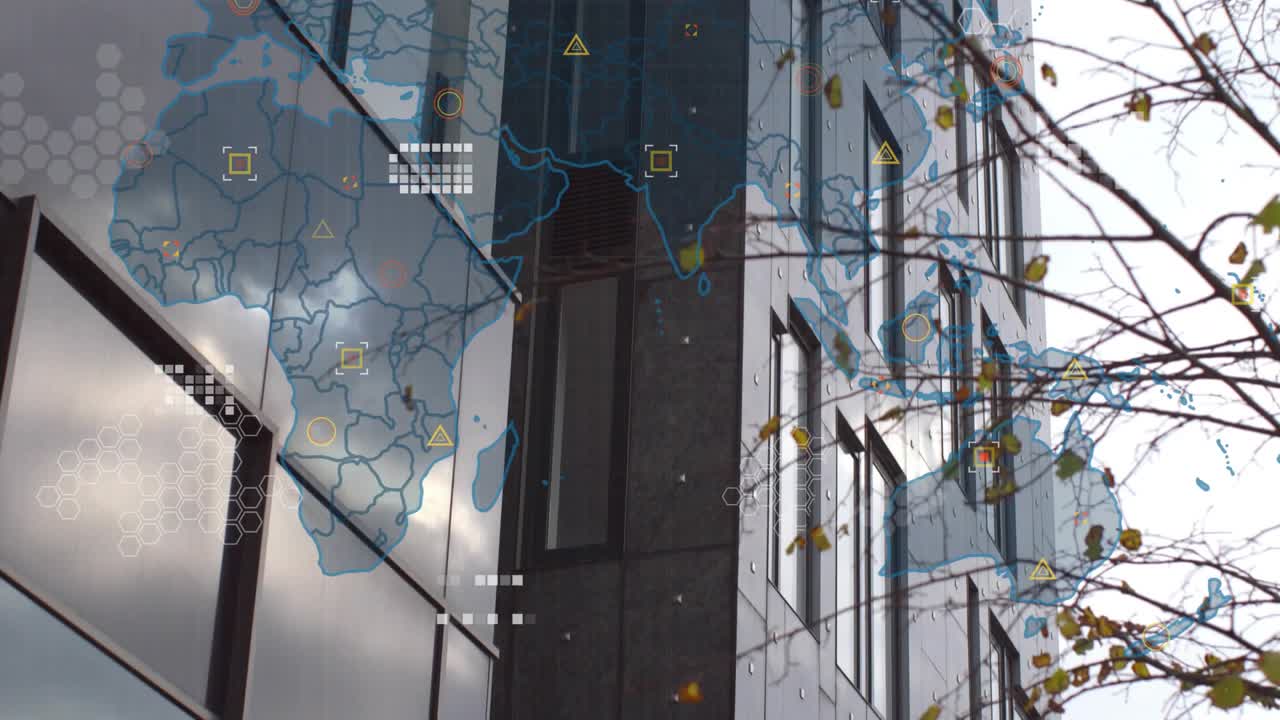 Map overlay appearing, facade animating HUD icons, camera panning upward, showing global data flow