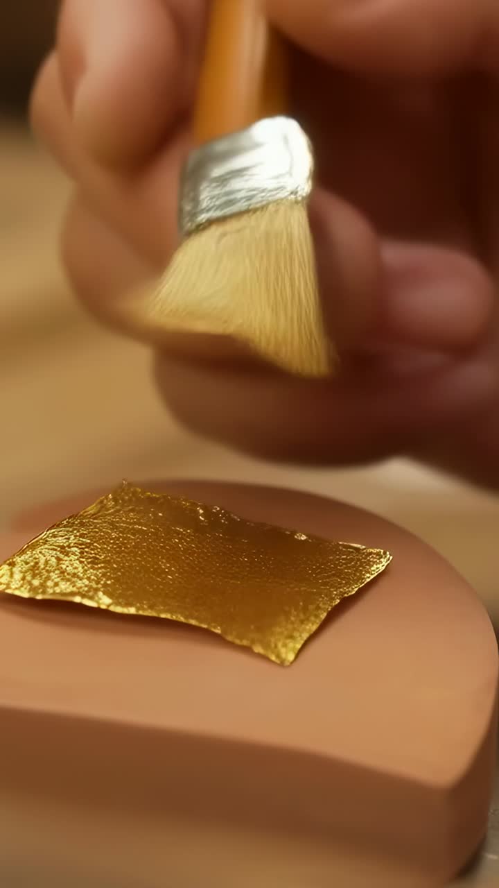 Vertikales Video: Pinsel berührt Blattgold, rechte Hand glättet Folie, um sie auf der Unterlage an der Werkbank zu befestigen